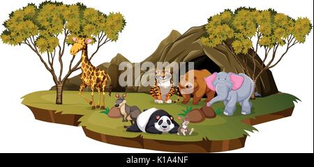 Mountain scene with many animals illustration Stock Vector