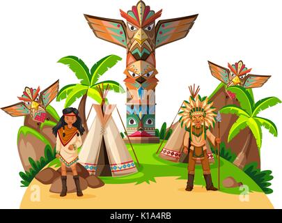 Two native american indians at the camp illustration Stock Vector