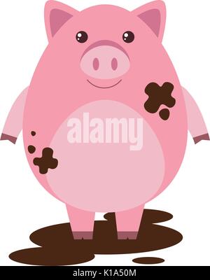 Pink pig in muddy puddle illustration Stock Vector