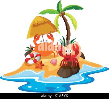 Ocean scene with crabs on the beach illustration Stock Vector