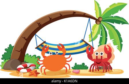 Crab and hermit crab on the beach illustration Stock Vector