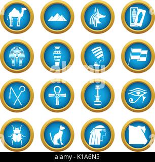 Egypt travel items icons blue circle set Stock Vector