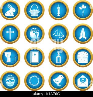 Easter items icons blue circle set Stock Vector