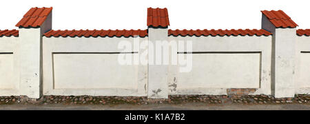 A fragment of a renovated old brick church fence. The surface is plastered, a coating of new tiles. Isolated on top. Panoramic collage from severalpho Stock Photo