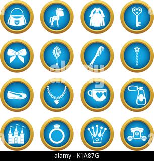 Doll princess items icons blue circle set Stock Vector