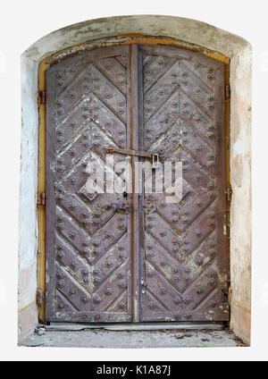 Locked rotten door to the dungeon of a medieval ruined castle concept. Isolated on white Stock Photo