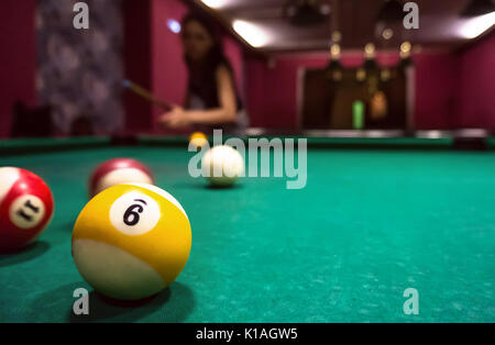 Billiard balls on a pool table, copyspace Stock Photo