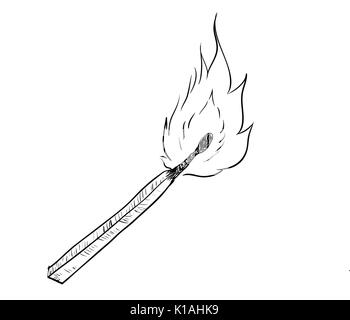 Hand drawing of  fire burning Match. Black and White simple line Vector Illustration for Coloring Book - Line Drawn Vector Stock Vector