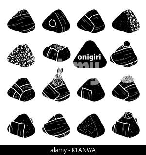 15 styles of isolated silhouette onigiri on white background. Japanese rice balls with nori seaweed in hand drawn style. Vector illustration. Stock Vector