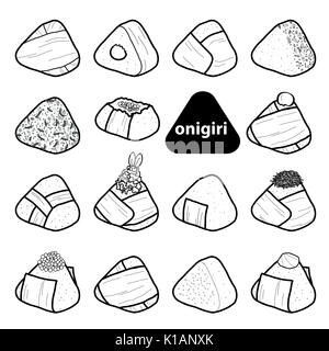 15 styles of isolated onigiri in black outline and white plane on white background. Japanese rice balls with nori seaweed in hand drawn style. Vector  Stock Vector