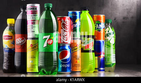 POZNAN, POLAND - AUG 18, 2017: Global soft drink market is dominated by brands of few multinational companies founded in North America. Among them are Stock Photo