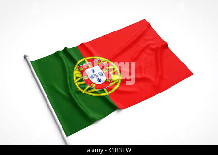 Portugal flag is laying on a white surface with flag pole attached. 3D Rendering. Stock Photo