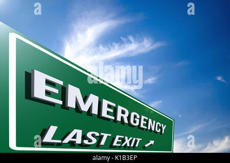 Hi-res 3D highway "Emergency" road sign against a blue sky with cloudscape. 3D rendering. Stock Photo