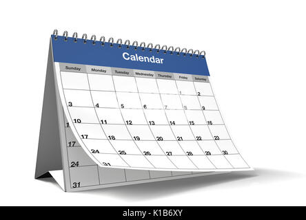 A general monthly calendar's page while it's turning on isolated white background with drop shadow. 3D Rendering. Stock Photo