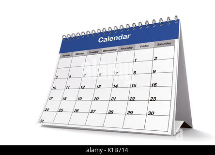 3D rendering of a general monthly calendar's page while it's turning on isolated white background with drop shadow. Stock Photo