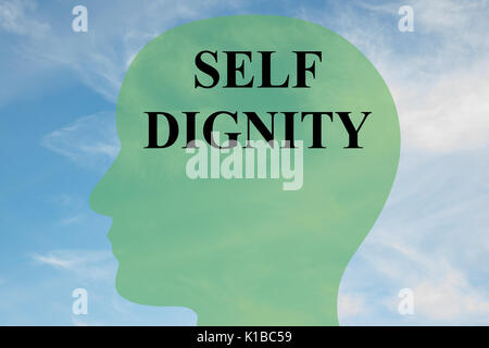 Render illustration of 'SELF DIGNITY' script on head silhouette, with cloudy sky as a background. Human mental concept. Stock Photo