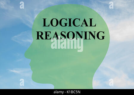 Render illustration of 'LOGICAL REASONING' script on head silhouette, with cloudy sky as a background. Human brain concept. Stock Photo