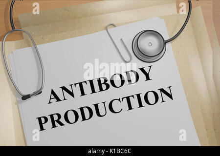 3D illustration of 'ANTIBODY PRODUCTION' title on medical documents. Medicial concept. Stock Photo