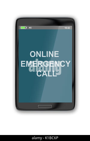 3D illustration of 'ONLINE EMERGENCY CALL' title on cellular screen, isolated on white. Emergency concept. Stock Photo