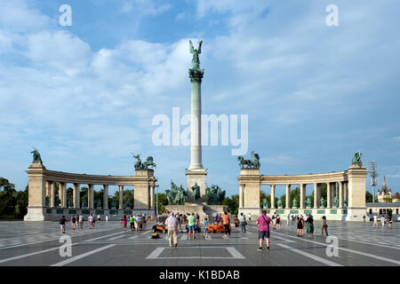 Budapest, Hungary - June 12, 2017 : People strolling in Heroes' square, located at the end of the historic Andrassy avenue Stock Photo