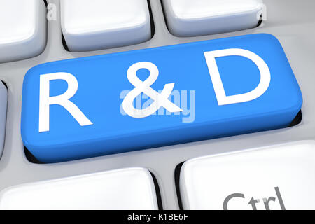 Render illustration of computer keyboard with the print R&D on pale blue button Stock Photo