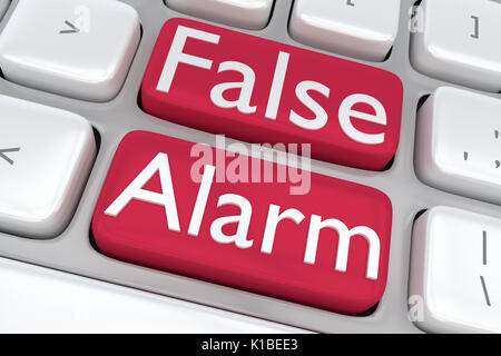 Render illustration of computer keyboard with the print False Alarm on two adjacent red buttons Stock Photo