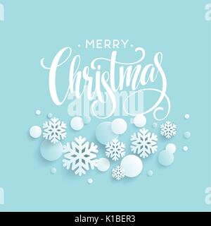 Merry Christmas blue background with papercraft snowflake. Greeting lettering card. Vector illustration Stock Vector