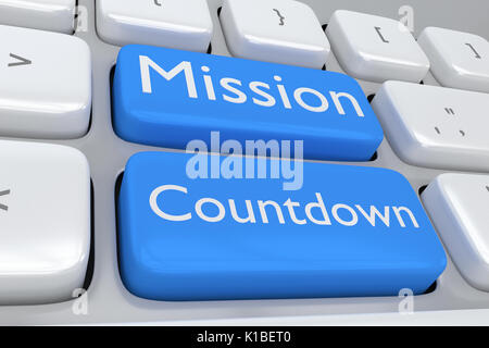 Render illustration of computer keyboard with the print Mission Countdown on two adjacent pale blue buttons Stock Photo