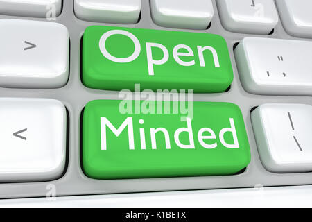 Render illustration of computer keyboard with the print Open Minded concept on two adjacent green buttons Stock Photo