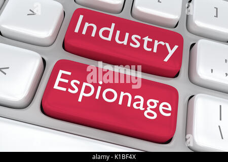 Render illustration of computer keyboard with the print Idustry Espionage on two adjacent red buttons Stock Photo