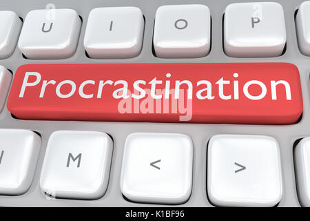 Render illustration of computer keyboard with the print Procrastination on a red button Stock Photo