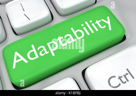 Render illustration of computer keyboard with the print Adaptability on a green button Stock Photo