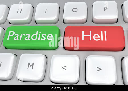Render illustration of computer keyboard with the print Paradise on a green button, and the print Hell on a nearby red button Stock Photo