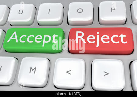 Render illustration of computer keyboard with the print Accept on a green button, and the print Reject on a nearby red button Stock Photo