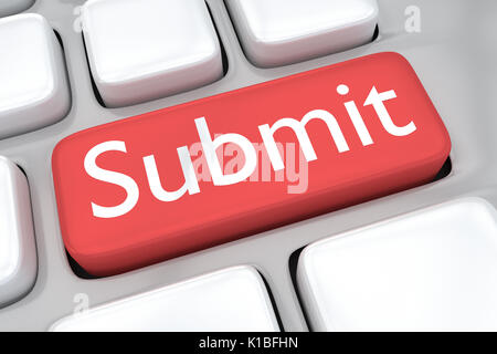 Render illustration of computer keyboard with the print Submit on a red button Stock Photo