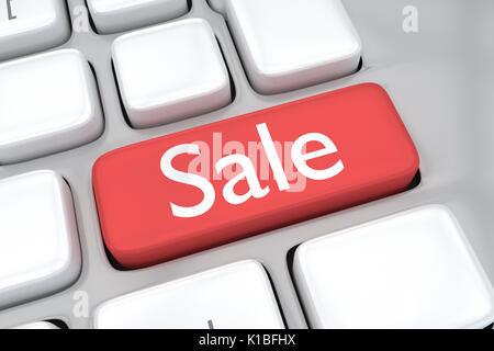 Render illustration of computer keyboard with the print Sale on a red button Stock Photo
