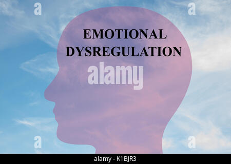Render illustration of 'EMOTIONAL DYSREGULATION' title on head silhouette, with cloudy sky as a background. Stock Photo