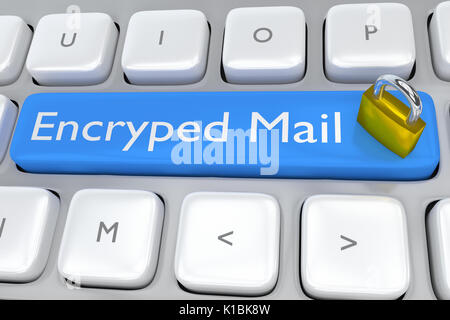 Render illustration of computer keyboard with the script Encrypted Mail on pale blue button, allong with a lock. Stock Photo