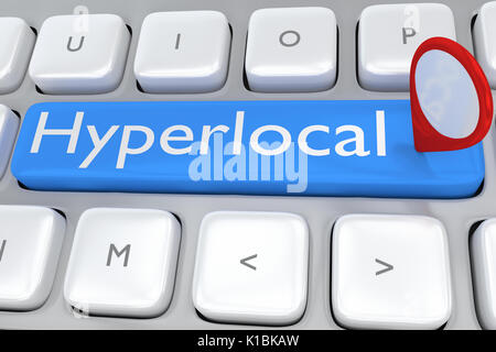 Render illustration of computer keyboard with the script Hyperlocal and location icon on pale blue button Stock Photo