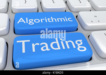 Render illustration of computer keyboard with the print Algorithmic Trading on two adjacent pale blue buttons Stock Photo