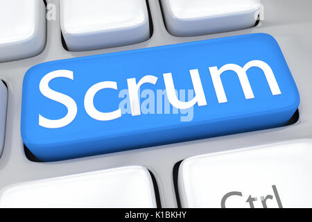 Render illustration of computer keyboard with the script Scrum on pale blue button Stock Photo