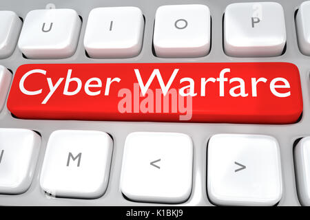 Render illustration of computer keyboard with the print Cyber warfare on a red button Stock Photo
