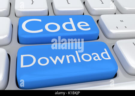 Render illustration of computer keyboard with the print Code Download on two adjacent pale blue buttons Stock Photo