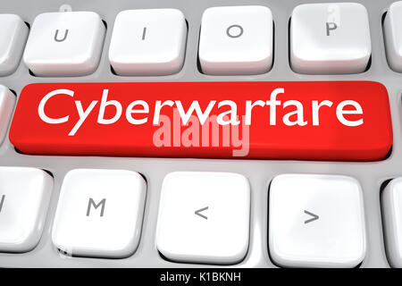 Render illustration of computer keyboard with the print Cyberwarfare on a red button Stock Photo