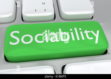 Render illustration of computer keyboard with the print Sociability on a green button Stock Photo