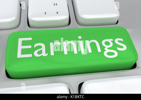 Render illustration of computer keyboard with the print Earnings on a green button Stock Photo
