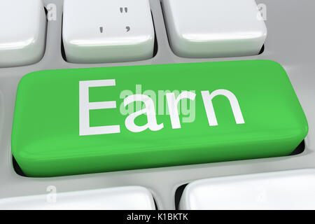 Render illustration of computer keyboard with the print Earn on a green button Stock Photo