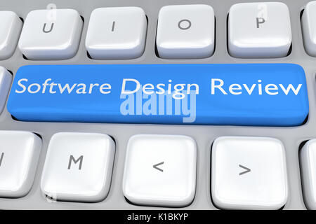 Render illustration of computer keyboard with the script Software Design Review on pale blue button Stock Photo