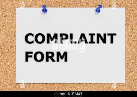 Render illustration of Complaint Form script on cork board Stock Photo