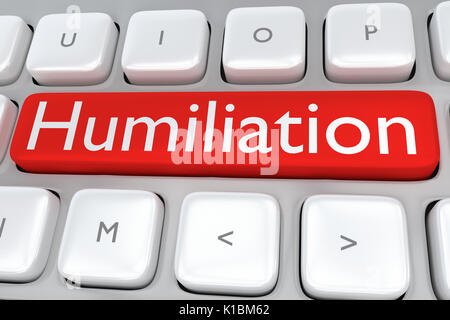 Render illustration of computer keyboard with the print Humiliation on a red button Stock Photo